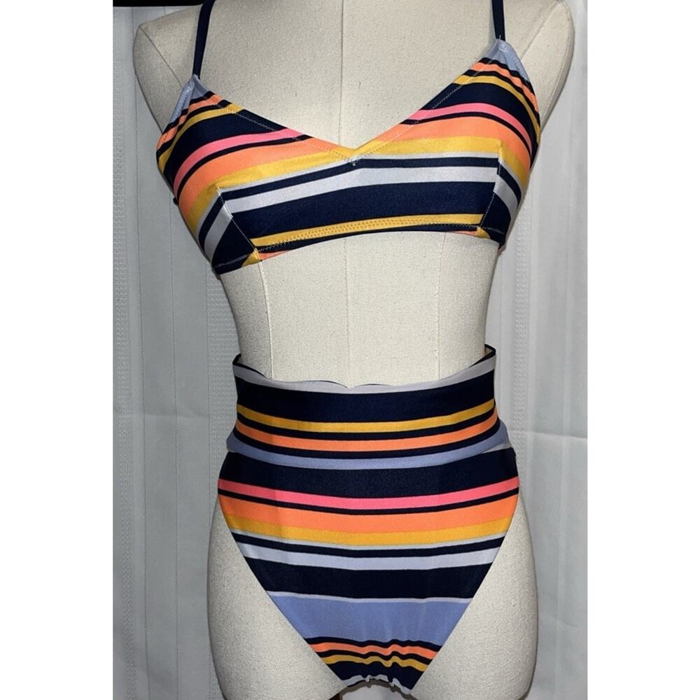 Aerie Women’s Multicolor Striped High Waist Scoop Neck Bikini Set Size S-P